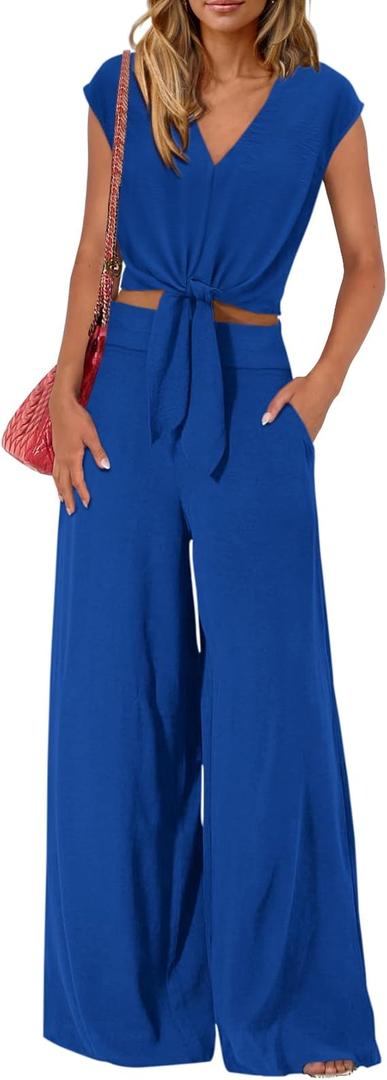 PRETTYGARDEN Women's Summer 2 Piece Outfits 2025 Cap Sleeve V Neck Belted Crop Tops Wide Leg Pant Sets Casual Tracksuit (Solid Blue), XL