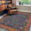 Navy Blue Square Area Rug 6x6 for Reading Corner - Washable Carpet for Living Room, Vintage Boho Geometric Floral & Low Pile Non-Slip (6x6 Navy Blue)