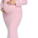 Mommy Jennie Long Sleeve Maternity Dress for Photoshoot Stretchy Pregnancy Fitted Gowns for Baby Shower, Large
