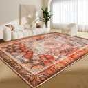 Oriental Area Rug 9x12, Vintage Rug Non Slip Low Pile Soft Large Rugs for Bedroom Dining Room Rug Living Room Carpet Red Orange Rug for Nursery Playroom Family Room Foyer Den Office Home Decor