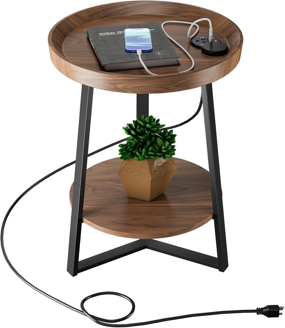 Gadroad Round End Table with Charging Station, USB Ports, Wood Tabletop & Black Metal Frame, 2-Tier Side Table for Living Room, Bedroom, Brown 15.7 * 15.7 * 23.0 inches