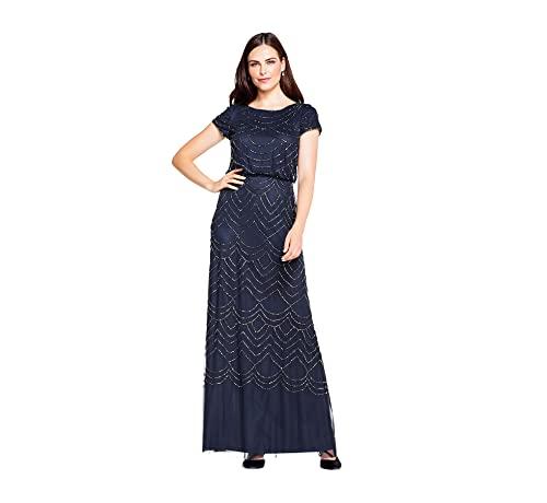 Adrianna Papell Women's Short Sleeve Blouson Beaded Gown, Navy, 18