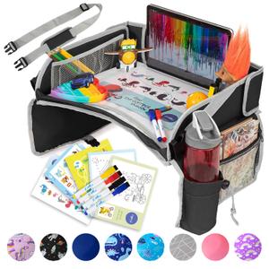 PILLANI Kids Travel Tray for Car - Car Seat Tray for Kids Travel, Road Trip Essentials - Carseat Table for Roadtrip Activities - Must Have Toddler Lap Desk Organizer for Airplane - Car Accessories (Black)