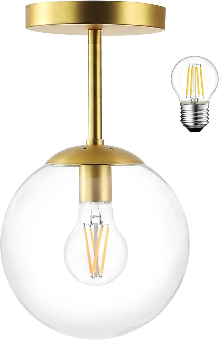 Mid Century Modern Globe Semi Flush Mount Ceiling Light Fixture, Clear Glass with Gold Brass Finish,1-Light Sphere Glass Pendant Lights for Aisle Porch Stairway Closet Kitchen Laundry Room(Bulb Incl.) (6 inch)