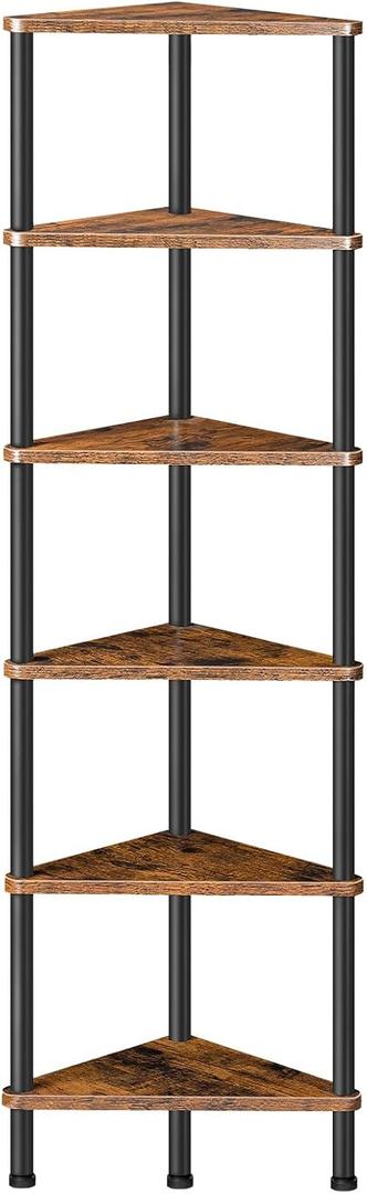 HOOBRO Corner Shelf Stand, Industrial 6-Tier Wall Corner Bookshelf with Metal Frame, Plant Display Shelf, Bookcase for Small Spaces, Bedroom, Living Room, Rustic Brown BF36CJ01 (11.8"D x 11.8"W x 57"H)
