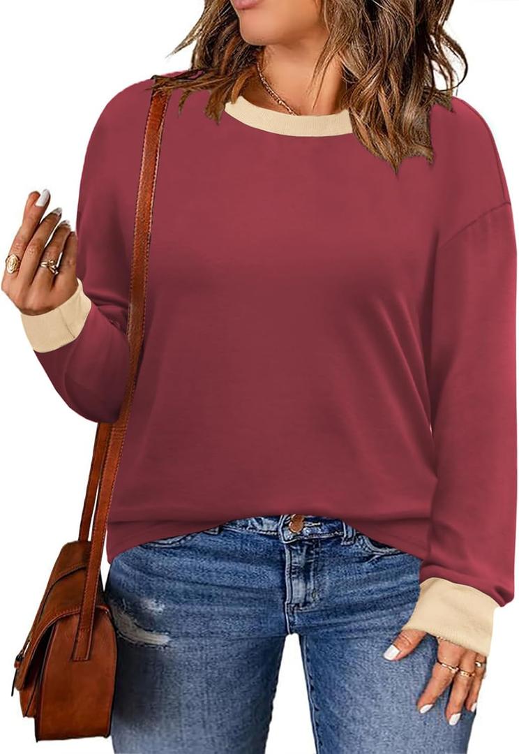 DOLNINE Womens-Plus-Size-Sweatshirts Color Block Long Sleeve Tops Fall Casual Crewneck Shirts Trendy Loose Fit Tunics XL-5XL (XXXL)
