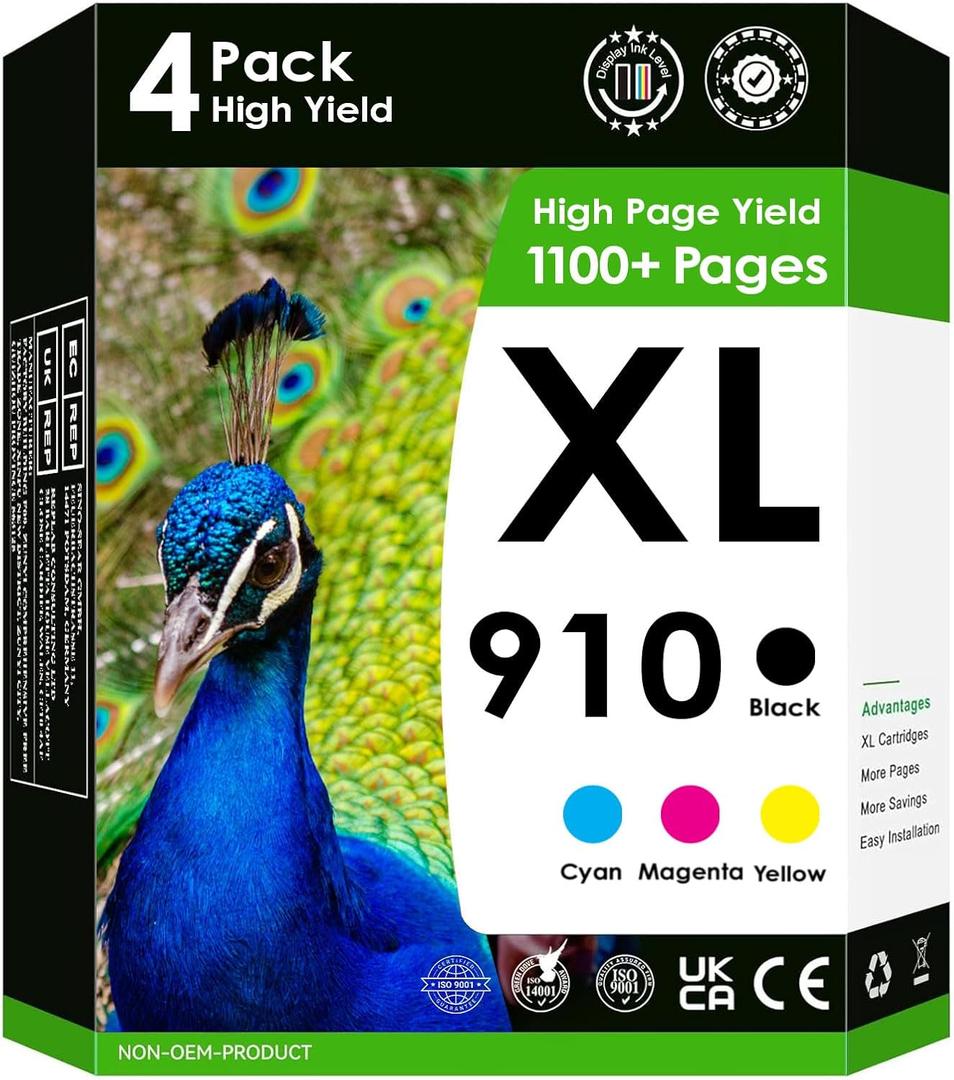 Compatible Replacement for HP 910xl. Works with OfficeJet Pro 8035e 8025e 8025 8022 8028 8035 8020 8015 Printers. 4 Pack (Black, Cyan, Magenta, Yellow)