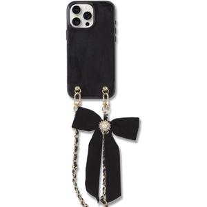 Crossbody Case for iPhone 15 Pro Max with Gold and Vegan Leather Woven Detachable Chain - Black