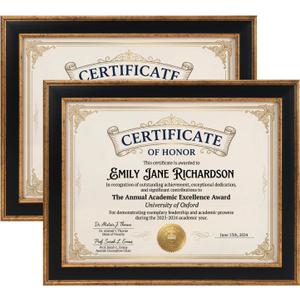 Lavezee Certificate Frames 2 Packs, Black & Gold 8.5 x 11 Graduation Frame with Shatter-Resistant Cover, 8.5 by 11 Picture Diploma Document Degree Frames for Wall and Tabletop