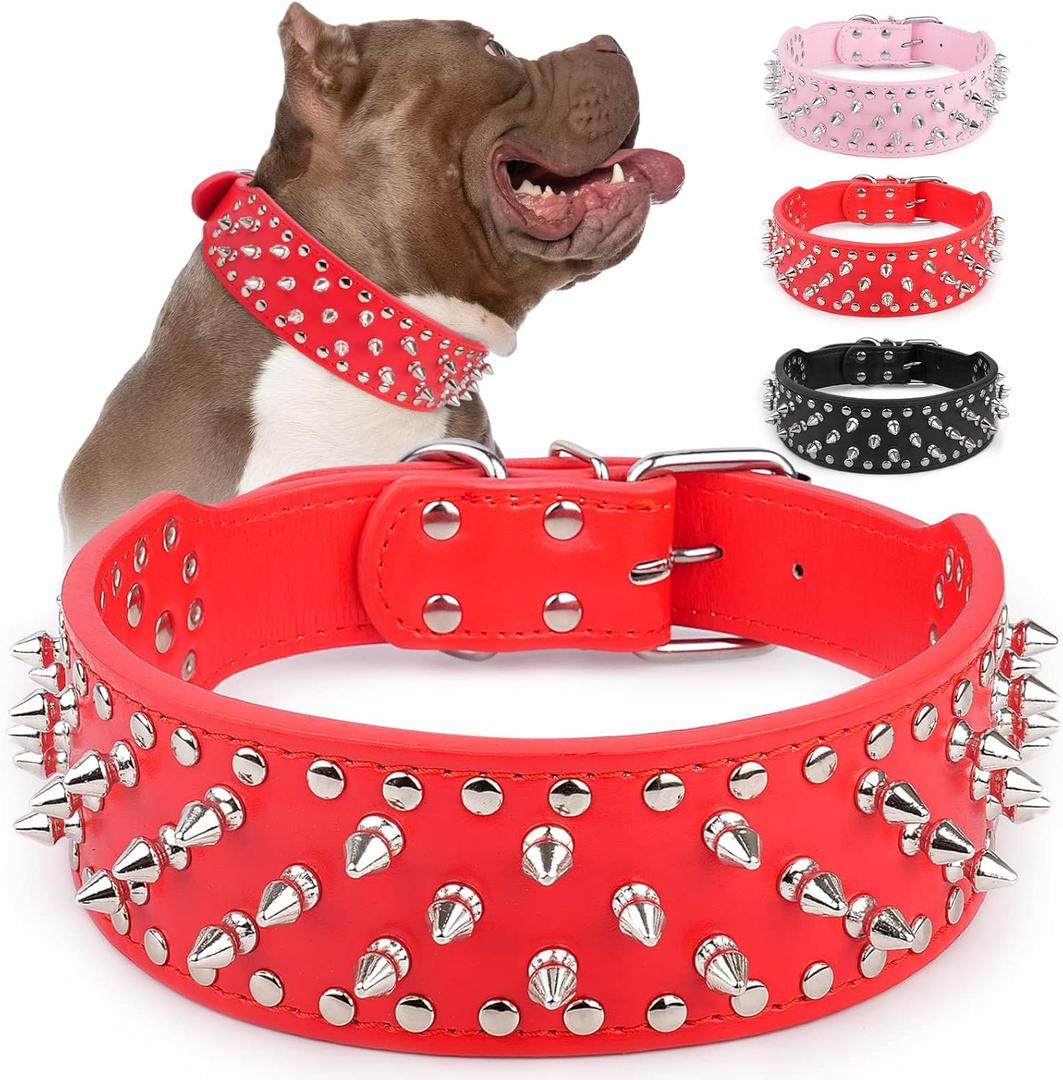 Epesiri Adjustable Wide Spiked Dog Collar, Mushroom Rivet PU Leather Cat Dog Collars, Durable Spike Studded Pet Collar for Small Medium Large Breed, Pitbull Mastiff Bulldog Pugs Husky Rottweiler, Red, Small