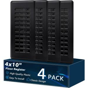 Floor Register 4x10, Plastic Air Vent Covers with Adjustable Airflow, Easy Installation Wall or Sidewall, Vent Covers for Home Floor(4PCS Black)
