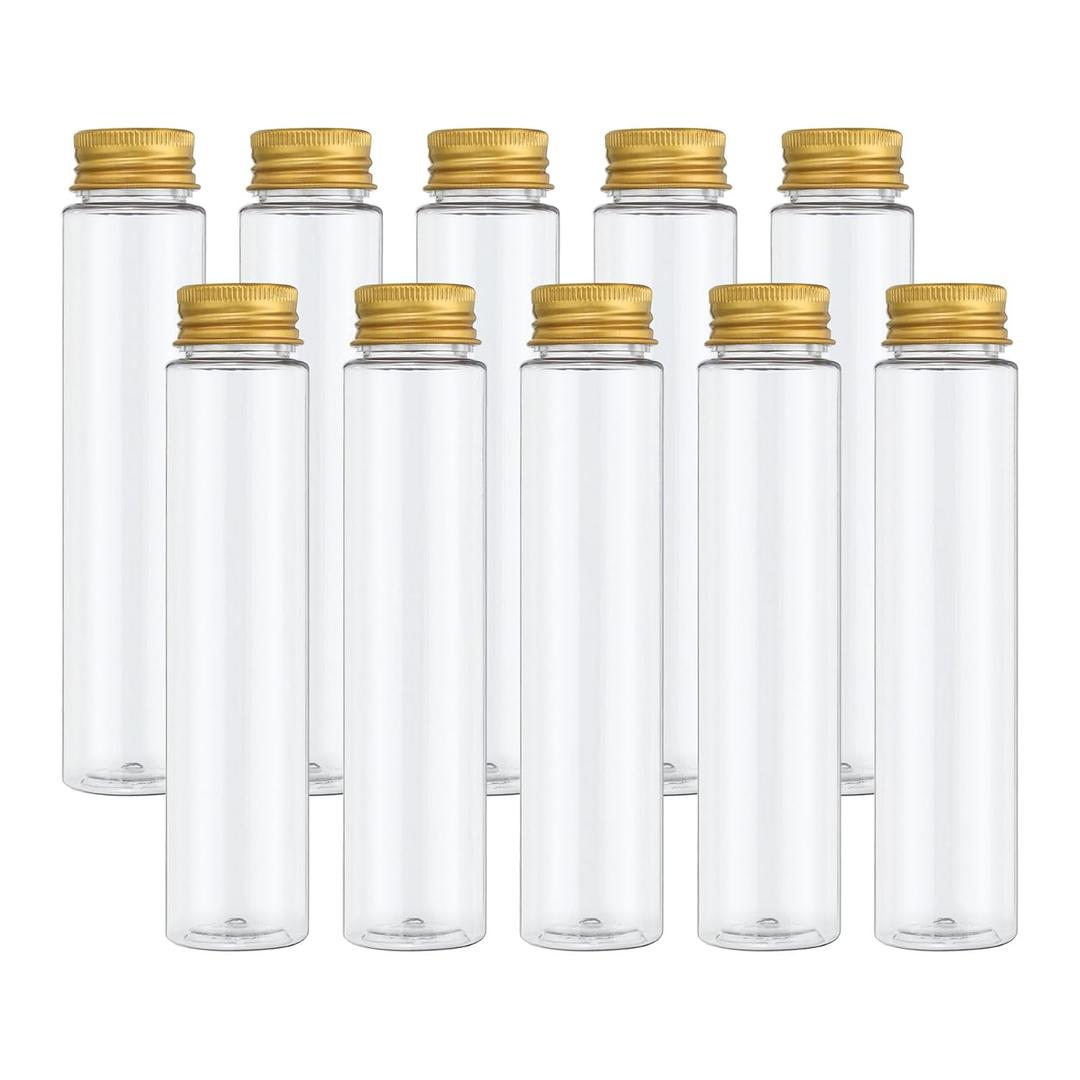 PATIKIL 110ml Test Tubes, 40pcs 5.91x1.34" Plastic Clear Flat Bottom Test Tube Containers with Caps for Bead Party Candy Bath Salt Storage Scientific Experiment Plant Propagation, Gold