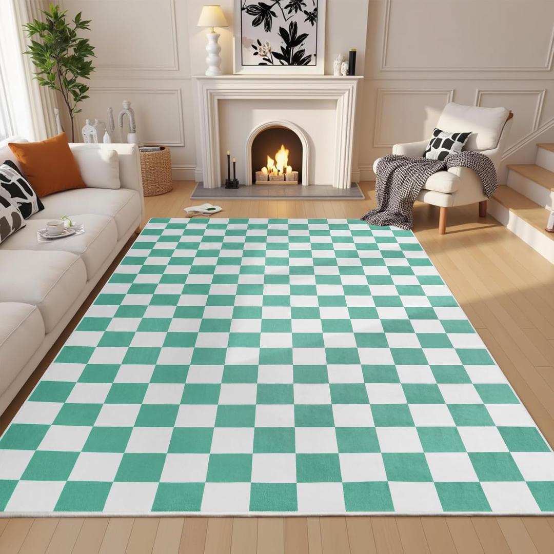 Terrug Green and White Checkered Rug for Living Room,6x9 Area Rugs Washable with Non Slip for Bedroom,Soft Low Pile Stain Resistance Retro Carpet for Dorm Kids Room