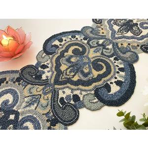 Enliven Handmade Beaded Table Runner, 13x36 Inches Lightweight Decorative Table Runner, Perfect for Dining/Wedding/Party/Everyday Use & Easy to Clean, Elegant Beaded Runner (Blue,Grey) (Design 2)