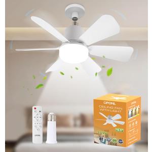 Socket Fan Light with Remote, 3-Speed Dimmable LED White Socket Ceiling Fan, 6 Colors 3000K-6000K, 1000 Lumens light bulb ceiling fan for Bedroom, Kitchen, Closet