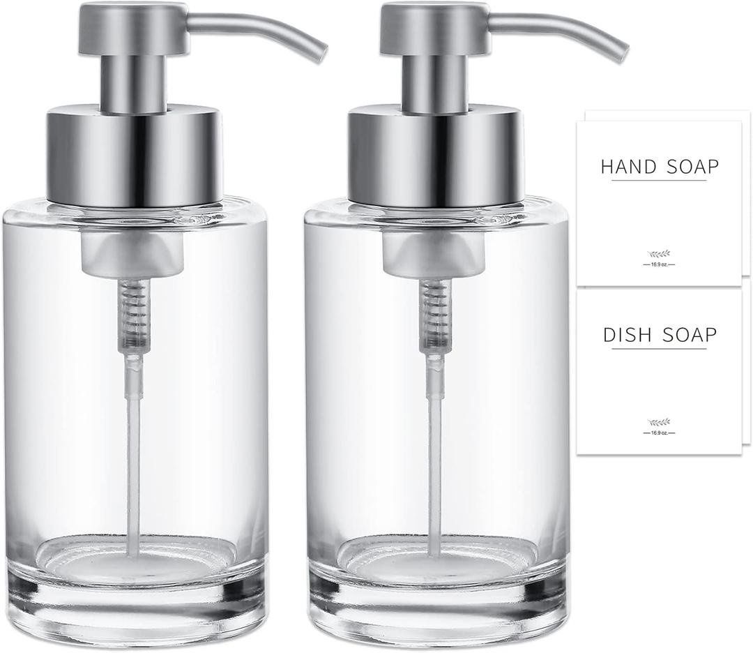 Foaming Soap Dispenser Set, 12 Oz Glass Hand Soap Dispenser with 304 Rust Proof Stainless Steel Pump, Waterproof Labels, for Bathroom Decor Kitchen College Dorm, Clear Silver Pump, Pack of 2 