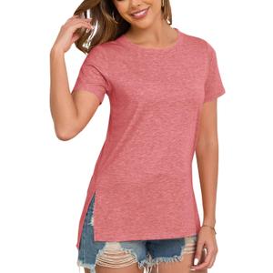 Womens Side Split Casual Summer Tops Short Sleeve T-Shirts (Red, M)