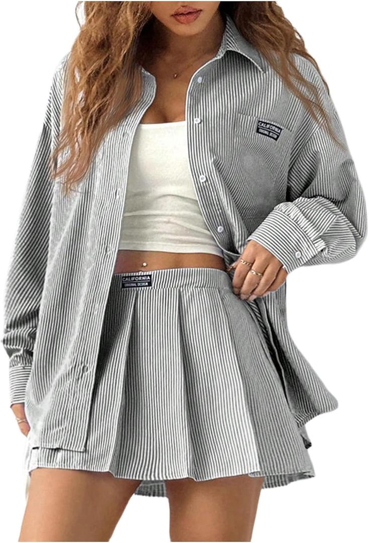 MakeMeChic Women's Two Piece Fall Outfit Striped Button Down Shirt and Pleated Skirt Matching Set (Black and White)
