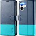 TUCCH Case Wallet for iPhone 17 (6.3") 2025, Stand, RFID Blocking, 4 Card Holder, TPU Shockproof Inner Shell, PU Leather, Magnetic Closure Folio Protective Cover, Blue & Lake Blue