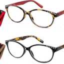 EASY READ 2 Pairs High Magnification Power Reading Glasses for Women,Stylish Lightweight Readers for Women with Spring Hinge (Black/Red)