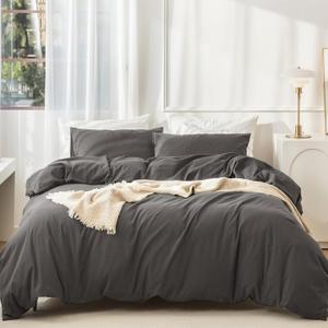 JIYUAN Queen Size Duvet Cover Set, 3-Piece - 100% Washed Cotton, Linen-Like Soft & Breathable with Zipper Closure, Includes 90x90 Inch Cover & 2 Pillowcases, Solid Dark Grey