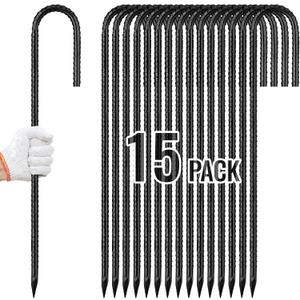 Rebar Stakes 12 Inch, Ground Stakes Heavy Duty J-Hook Black Coated Anti-Rust Heavy Duty Ground Anchors for Garden Dog Fence Chicken Coop Christmas Decorations Deer Fence 15pcs