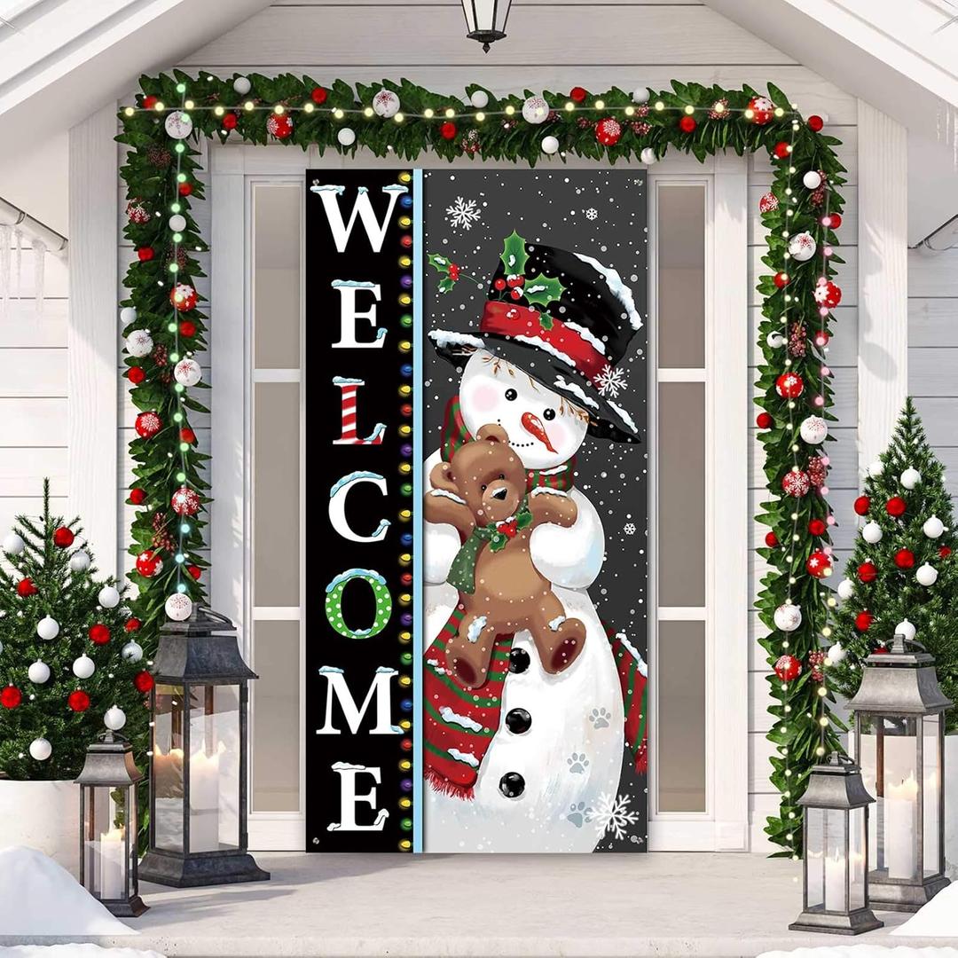 Christmas Welcome Snowman Door Cover Christmas Door Decoration Winter Cute Banner Backdrop for Xmas Holiday Party Outdoor Indoor Home Decoration, 6 x 3 Feet