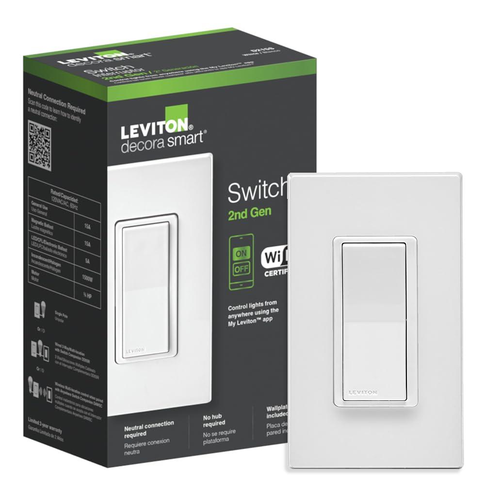 Leviton Decora Smart Switch, Wi-Fi 2nd Gen, Neutral Wire Required, Works with Matter, Alexa, Google Assistant, Apple Home/Siri & Wired or Wirefree 3-Way, D215S-1RW, White