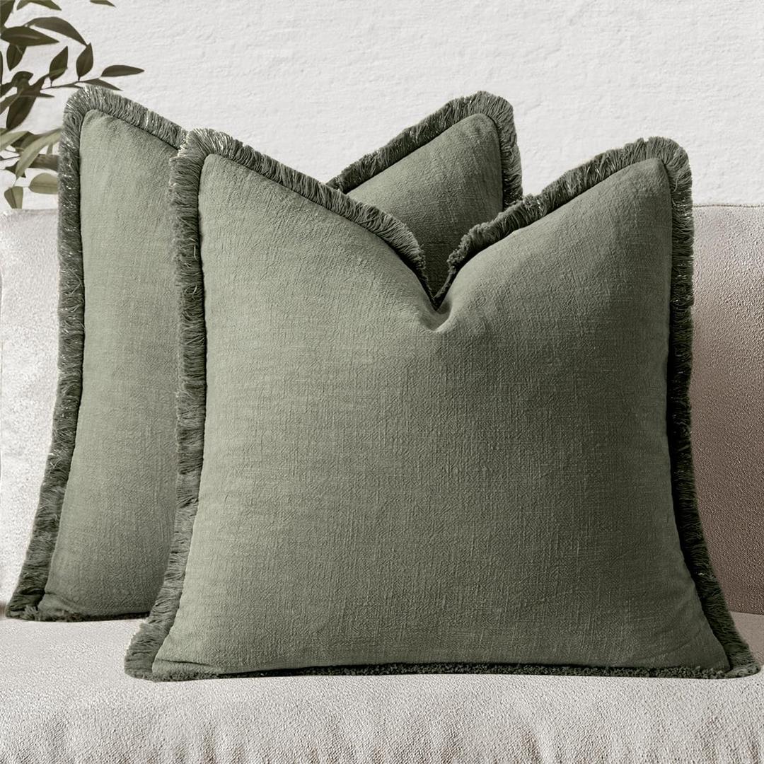 MIULEE Decorative Throw Pillow Covers Neutral Linen Fringe Throw Pillows Set of 2 Light Olive Green Boho Farmhouse Cushion Covers for Couch Sofa Bed Living Room Spring Home Decor 18x18 Inch