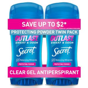 Secret Outlast Antiperspirant Deodorant for Women, 72hr Sweat & Odor Protection, PH Balancing Minerals, Clear Gel, Protecting Powder Scent, 2.6 oz (Pack of 2)
