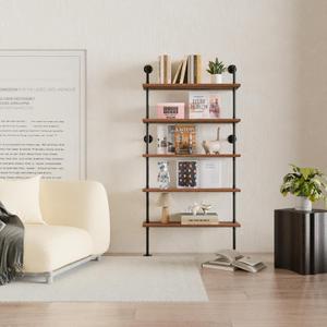 5 Tier Industrial Ladder Shelf Bookcase, Wall Mounted Wood Metal Pipe Rustic Bookshelf for Living Room (Weathered Brown, 10" D x 36" W x 70" H), 5t36in