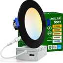 zouzai 1 Pack 4 Inch Black 5CCT Ultra-Thin LED Recessed Ceiling Light with Junction Box, 2700K/3000K/3500K/4000K/5000K Selectable, 9W Eqv 80W, Dimmable led can Lights - ETL and Energy Star Certified