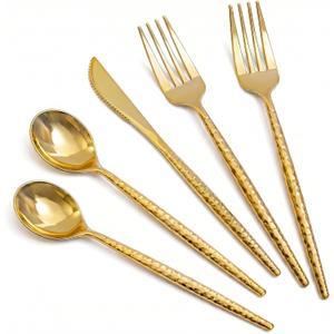 MirthMood 60 PCS Gold Plastic Silverware, Gold Disposable Utensils Include 20 Plastic Knives,20 Forks, and 20 Spoons, Premium Heavy Duty Disposable Silverware for Weddings,Parties, and Events.