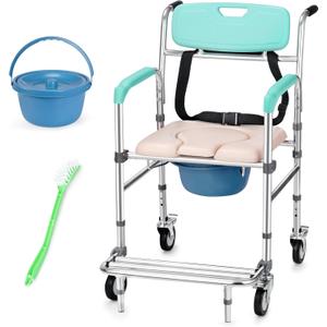 Rengue Shower Chair with Wheels,3-in-1 Bedside Commode Chair with Padded Seat,Detachable Bucket,Adjustable Transport Rolling Chair,330lbs Weight Capacity