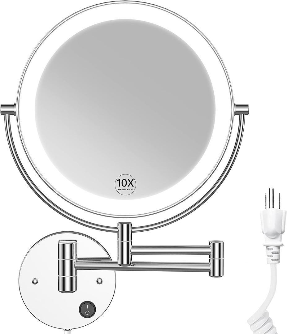 Benbilry 9" Large Size Wall Mounted Lighted Makeup Vanity Mirror, 1X/10X Magnifying 2-Sided AC Plug-in Powered Bathroom Mirror, 360 Swivel 13 Inch Extendable Arm, Chrome
