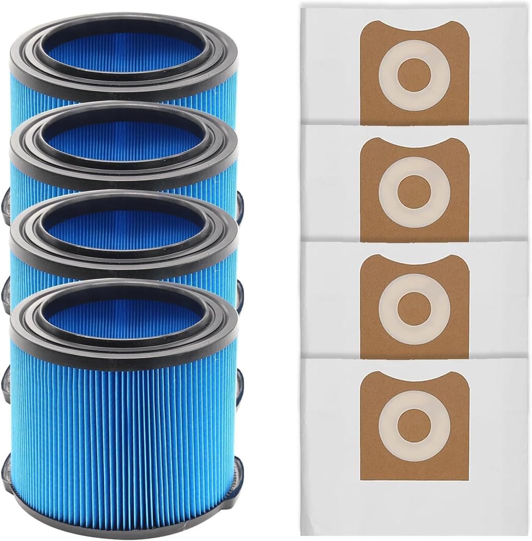 4 Pack VF3500 Replacement Filter and 4 Pack VF3501 Vacuum Bags for Ridgid Wet Dry Vac filters 3-4.5 Gallon Vacuums, Fits WD3050, WD4070, WD4080, WD4522, 4000RV, 4500RV
