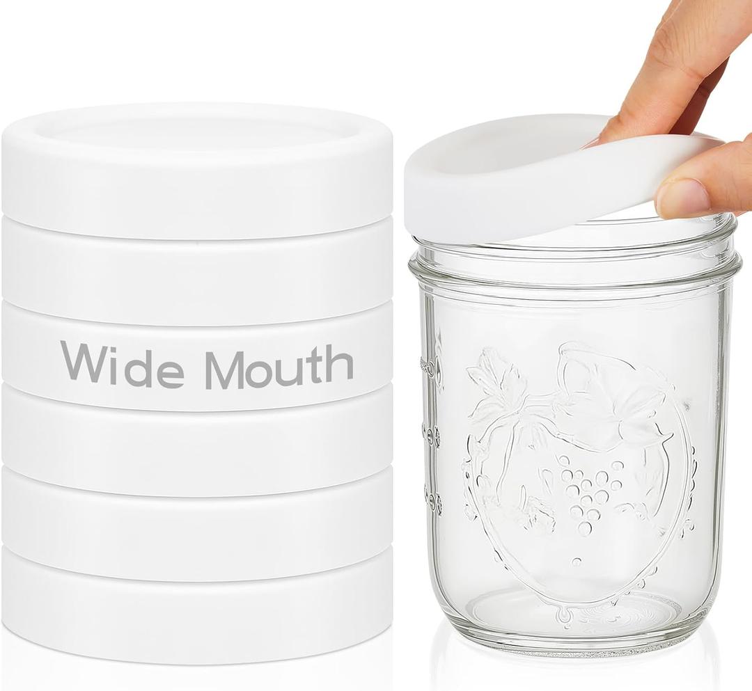 6 Pcs Silicone Wide Mouth Lids Mason Jar Lids Thickened Leak Proof Lid for 86 mm All Wide Mouth Mason Jars, Reusable Large Canning Jar Caps (White)