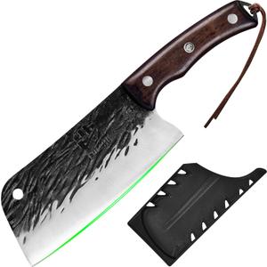 FULLHI Butcher Knife with Sheath, High Carbon Steel Kitchen Knife Vegetable Cleaver Chinese Cooking Knife, Full Tang Forged Chef Knife for Outdoor Camping BBQ (Brown)