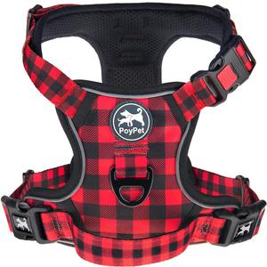 PoyPet No Pull Dog Harness, [Release at Neck] Reflective Adjustable No Choke Pet Vest with Front & Back 2 Leash Attachments, Soft Control Training Handle, Plaid(Checkered Red, L)