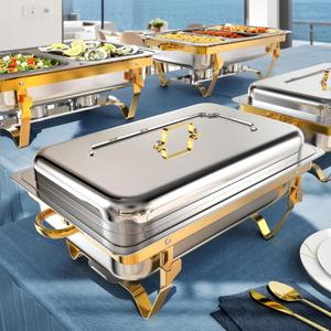 Amhier Chafing Dishes for Buffet 9Qt 4 Pack [Multiple Food Pans Combo] | [Sturdy and High Grade] Stainless Steel Chafing Dishes for Weddings, Parties & Festival, Gold