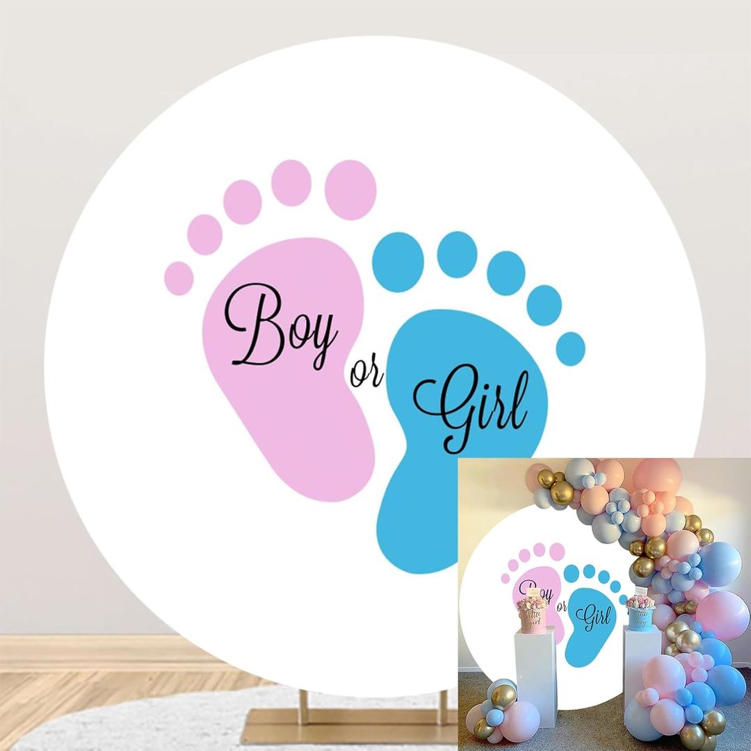 Polyester Diameter 6.5ft Gender Reveal Round Backdrop Boy Or Girl Pink Blue Cartoon Little Feet Background for Photography Pregnancy Surprise Party Decor Newborn Baby Shower Photo Booth Props (Diameter 6.5ft, Style8)