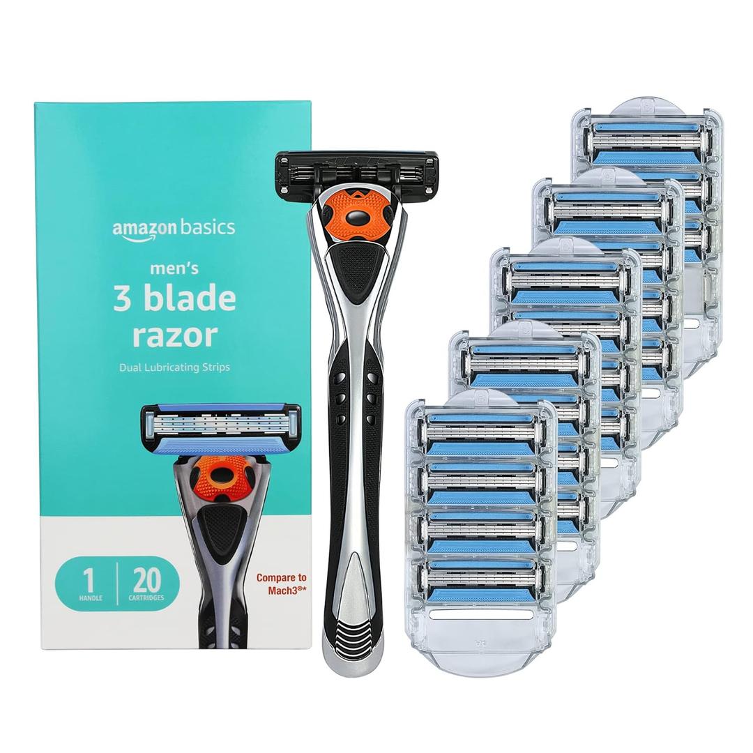 3-Blade Motion Sphere Razor for Men with Dual Lubrication, Handle & 20 Cartridges, Cartridges fit Amazon Basics Razor Handles only, 21 Piece Set, Black (Previously Solimo)