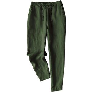 Women's Tapered Pants 100% Linen Drawstring Back Elastic Waist Ankle Length Pants, XL