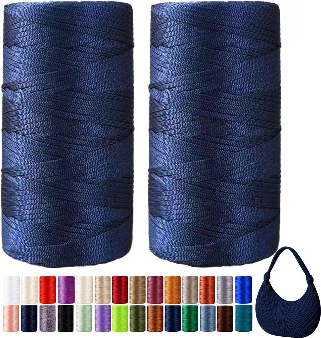 3mm x 540 Yds(2 x 270yd) Flat Ribbon Macrame Cord, Polyester Crochet Yarn, for Handbag Sun Hat Shoes Shopper Bag DIY Craft Projects, Adults Easy Starter Yarn for Knitting