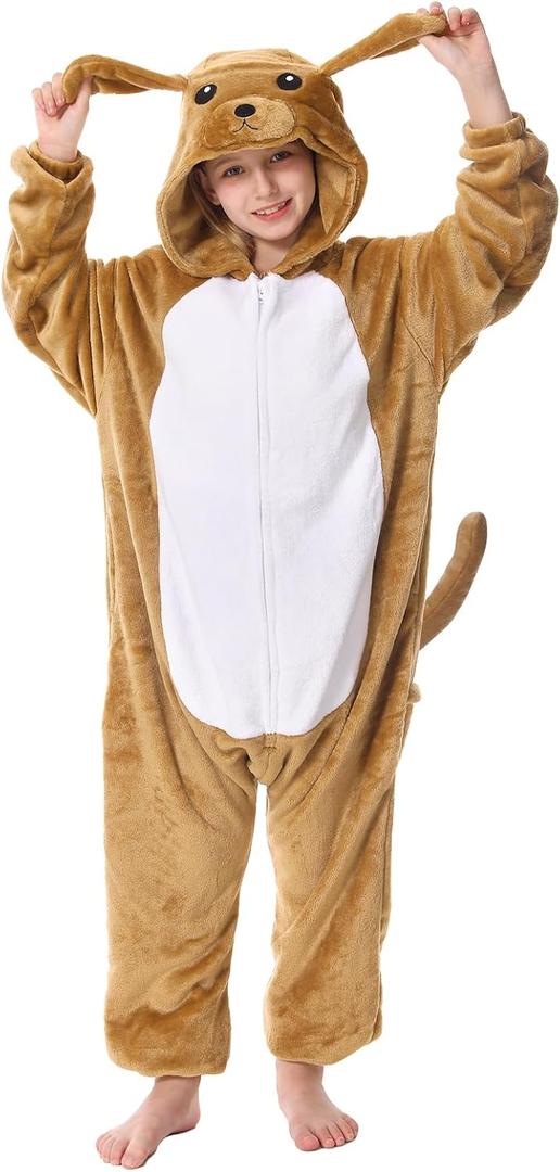 Unisex Animal Hooded Costume for Kids Boys Girls Flannel Halloween Jumpsuit Cosplay One Piece Romper 6-13 Years (Dog)