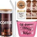 Dandat 5 Pieces Coffee Lovers Gifts Set 20 oz Iced Drink Cups with Lids and Straws Round Cork Coaster, Socks, Makeup Bag, Candle Jar Coffee Gift Basket for Men Women