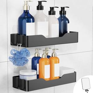 Daoun Adhesive Shower Caddy, 2 Pack Bathroom Shelves for Inside Shower, Rustproof No Drilling Shower Organizer with 4 Hooks and Anti-Fog Mirror, Black