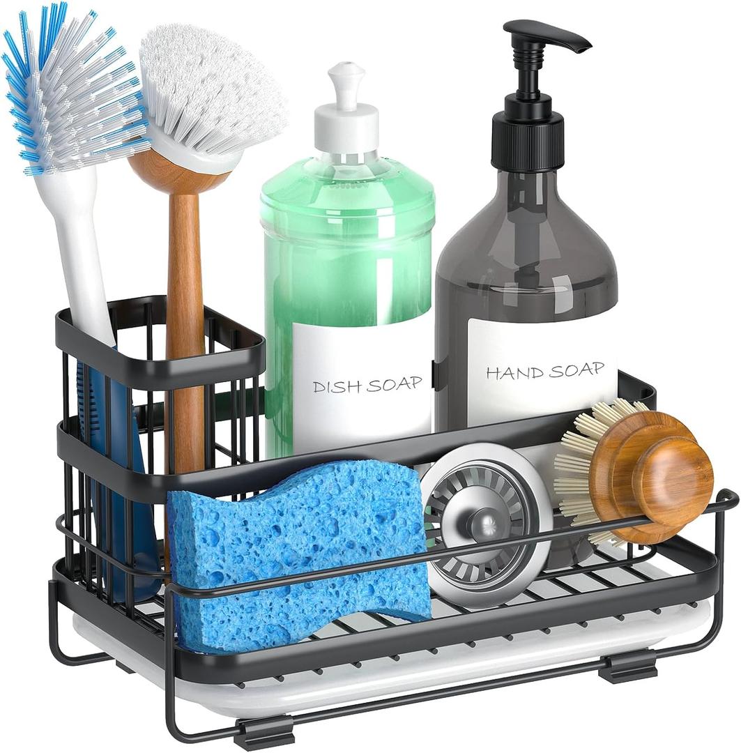 Trendy Sink Caddy Kitchen Organizer, Non-Slip Dish Soap Dispenser Rack with Drain Tray, Rustproof Brush Holder for Countertop Storage (Matte Black)