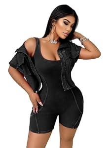 Voghtic 2 Piece Sets for Women Distressed Tank Rompers Crop Jacket Matching Sets (Medium, Black) Voghtic 2 Piece Sets for Women Distressed Tank Rompers Crop Jacket Matching Sets (Medium, Black)