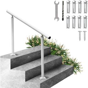 VEVOR Outdoor Steps Handrail, 2-3 Steps White Round Adjustable Aluminum Staircase Railing for Porch & Deck